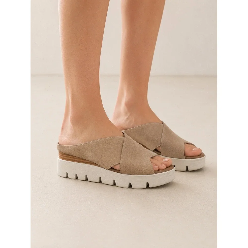 Anthropologie Silent D Racket Tan Suede‎ Crossover Platform Slide Sandals